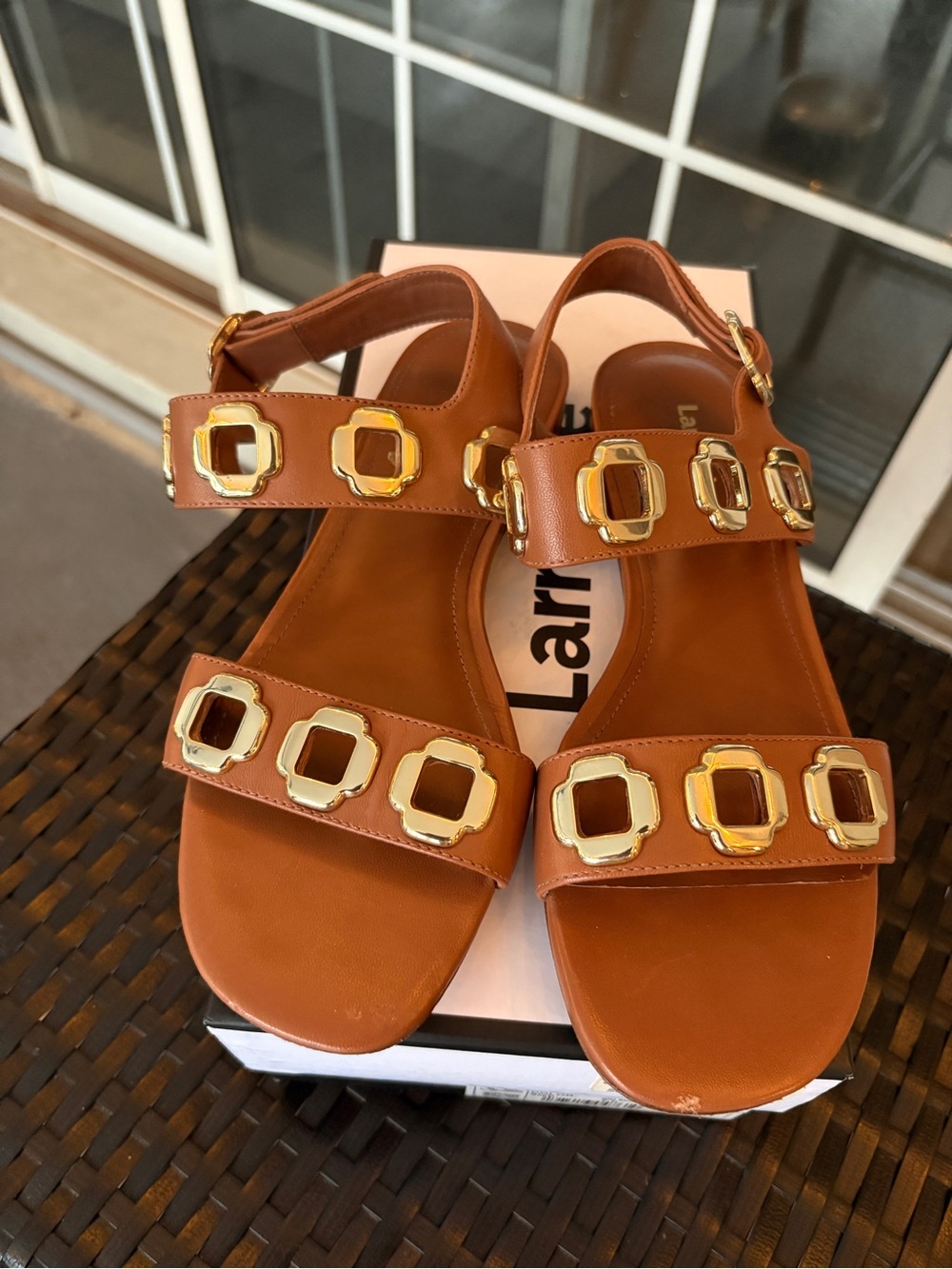 Larroude caramel Brown Leather Sandals with Gold Square Hardware